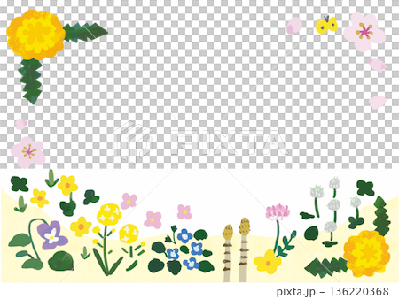 手描きのかわいい春の花のフレーム2（横型・透過） 136220368