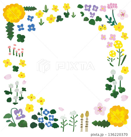 手描きのかわいい春の花のフレーム（正方形・透過） 136220370