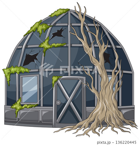 Abandoned Glass Greenhouse Overgrown With Moss and Dead Tree 136220445