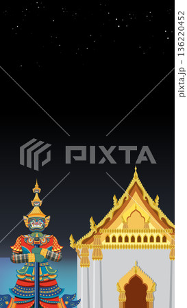 Thai Giant Guardian Statue Standing Beside Traditional Temple at Night Thai Giant Guardian Statue Standing Beside Traditional Temple at Night 136220452