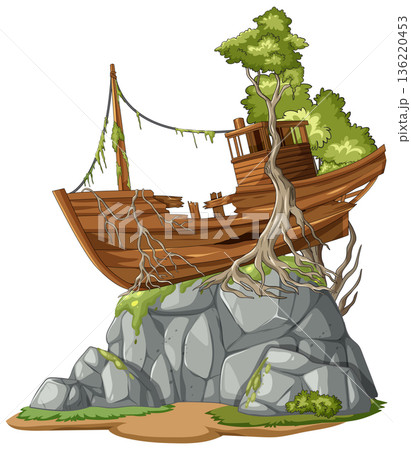 Abandoned Wooden Shipwreck Entwined with Roots on Rock Abandoned Wooden Shipwreck Entwined with Roots on Rock 136220453