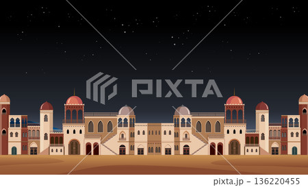 Middle Eastern Desert City Architecture Under a Starry Night Sky 136220455