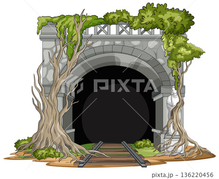 Abandoned Railway Tunnel Entrance Overgrown With Trees 136220456