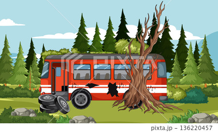 Abandoned Red Bus Crashed Into Tree In Forest Abandoned Red Bus Crashed Into Tree In Forest 136220457