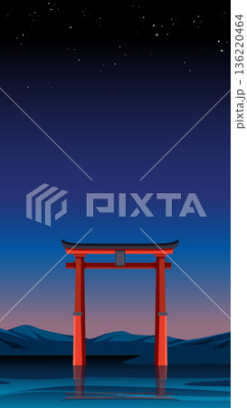 Traditional Japanese Red Torii Gate in Water Under Starry Night Sky 136220464