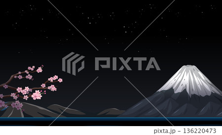 Night Landscape with Snow Capped Mountain and Cherry Blossom Branch Night Landscape with Snow Capped Mountain and Cherry Blossom Branch 136220473
