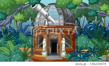 Jungle Observatory Dome with Telescope and Statues 136220474