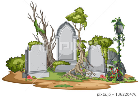 Overgrown Cemetery Tombstones with Vines and Old Lamp Post 136220476