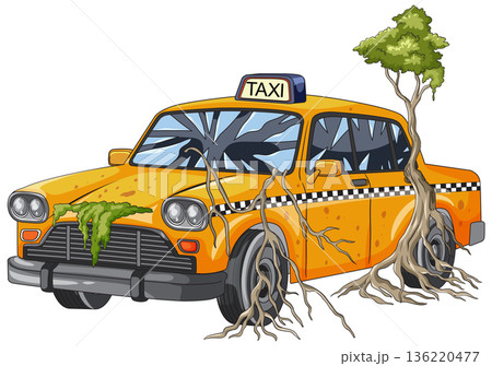 Abandoned Yellow Taxi Overgrown With Trees and Roots 136220477