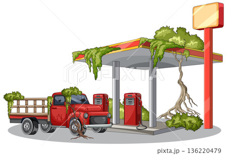 Abandoned Gas Station Overgrown With Trees and Vines 136220479