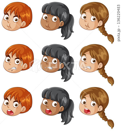 Cartoon Children Faces with Different Facial Expressions and Hair Styles 136220483