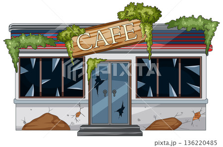 Abandoned Cafe Building With Broken Windows And Vines Abandoned Cafe Building With Broken Windows And Vines 136220485