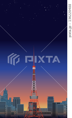 Red and White Communications Tower Over City Skyline at Night 136220488