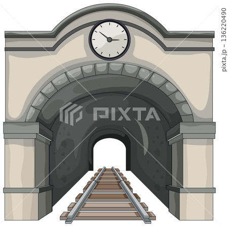 Railway Tunnel Entrance with Clock Tower Illustration 136220490