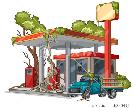 Abandoned Gas Station Overgrown With Trees and Roots 136220491