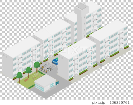 包含水塔和公園的住宅綜合建築群的等距城市景觀素材 136220761