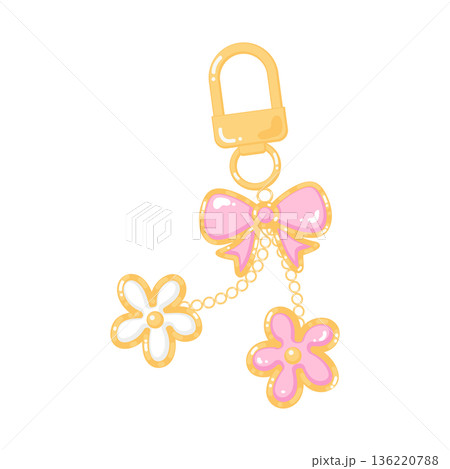 Cute gold metal keychain with ribbon and floral pendant 136220788