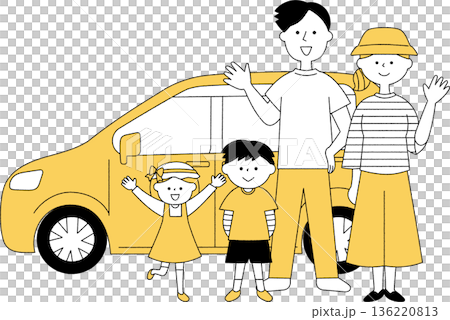 一個年輕家庭面帶笑容地站在一輛車前，黑白照片 136220813