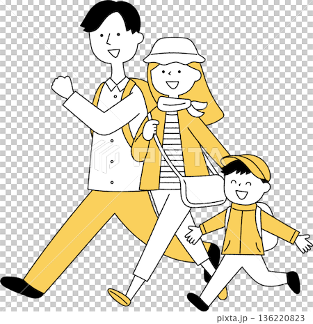 元気にお出かけをする若い家族単色 元気にお出かけをする若い家族単色 136220823