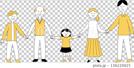 Three-generation family holding hands with smiles 136220825
