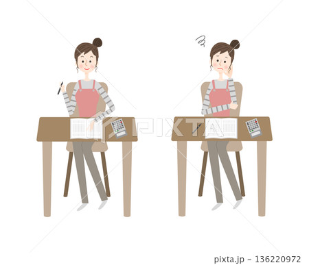 家計簿を書く女性の表情のイラストセット 136220972