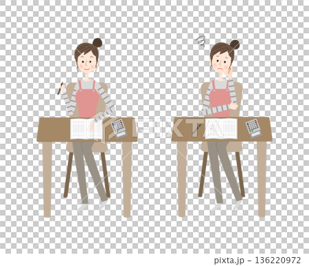 家計簿を書く女性の表情のイラストセット 136220972
