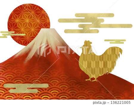 鶏のおめでたい和風のお正月イラスト 136221005