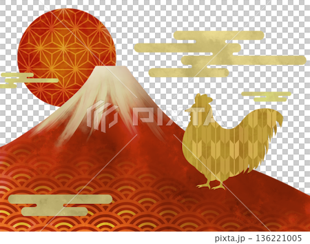 鶏のおめでたい和風のお正月イラスト 136221005
