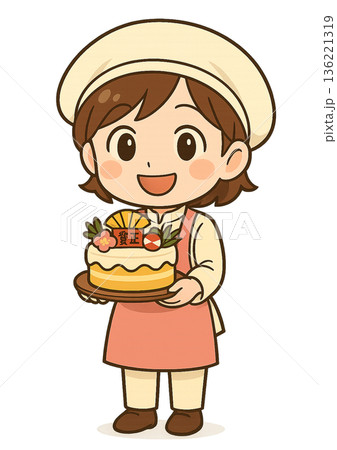 賀正のプレートが付いたお正月用のホールケーキを両手で持っている笑顔の女性パティシエ 136221319
