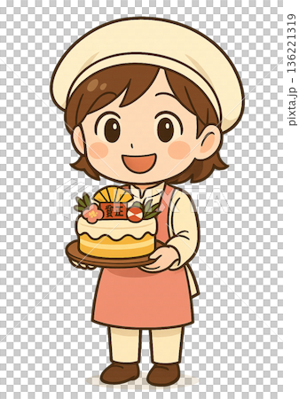 賀正のプレートが付いたお正月用のホールケーキを両手で持っている笑顔の女性パティシエ 136221319