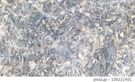 Close-up burned leaves and ash texture representing fire damage, pollution, and environmental impact Close-up burned leaves and ash texture representing fire damage, pollution, and environmental impact 136221481