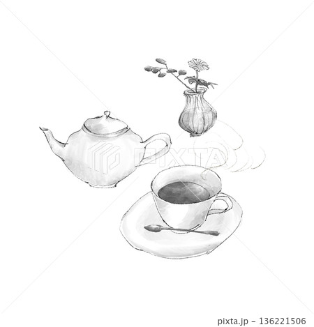 ティーポットとティーカップ、紅茶のイラスト 136221506