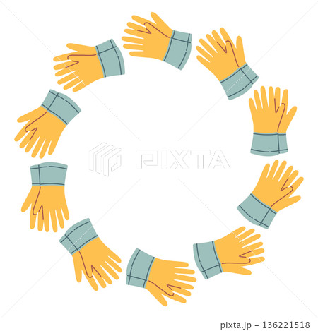 Cute vector circular frame made of yellow gardening gloves. Flat cartoon illustration on white background, perfect for spring, gardening, farming, seasonal designs, posters, cards, and templates 136221518
