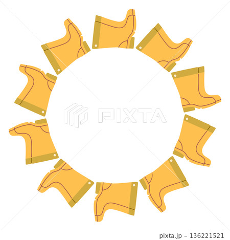 Cute spring vector frame made of yellow rubber boots arranged in a circular wreath. Flat illustration perfect for gardening themes, seasonal designs, kids projects, cards, posters, and backgrounds Cute spring vector frame made of yellow rubber boots arranged in a circular wreath. Flat illustration perfect for gardening themes, seasonal designs, kids projects, cards, posters, and backgrounds 136221521