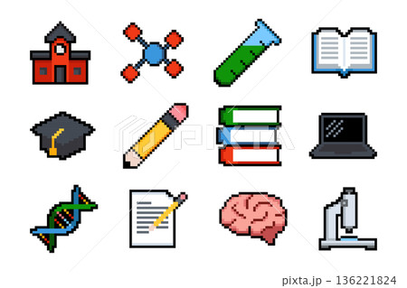 Pixel style education icon set for apps, websites, dashboards and games. Ideal for elearning platforms, STEM projects, school interfaces, educational software and modern digital products. 136221824