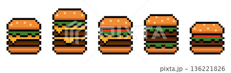Pixel burger food set with different cheeseburgers. Perfect for game design, food apps, menus, restaurant branding, delivery services, retro interfaces and playful digital projects. 136221826