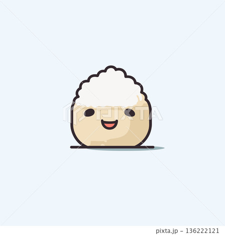 A cheerful cartoon rice ball character displays a friendly expression. It features a round shape with a fluffy white top, set against a light background, evoking a playful vibe. 136222121