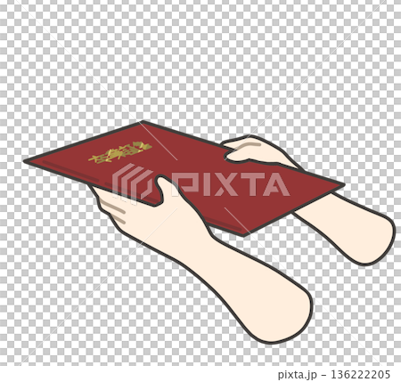 Illustration of two hands receiving a red diploma Illustration of two hands receiving a red diploma 136222205