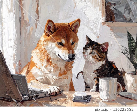 パソコンを見ている柴犬と猫 パソコンを見ている柴犬と猫 136222553