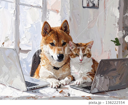 パソコンを見ている柴犬と猫 136222554
