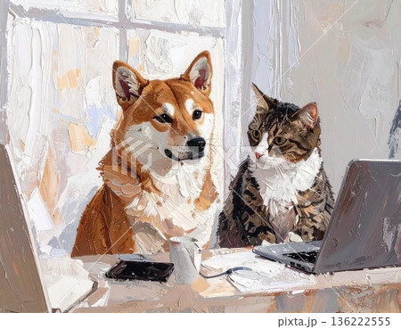 パソコンを見ている柴犬と猫 136222555