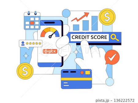 Credit Score Vector Illustration Featuring a Loan Arrow Gauge Speedometer Showing Ratings From Poor to Good on a Flat Style Background 136222572