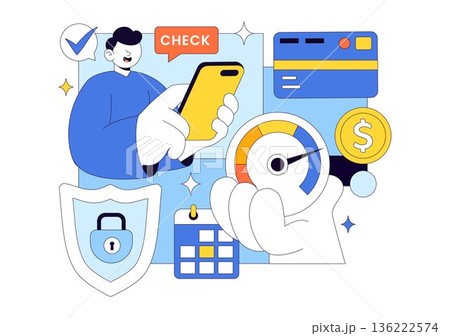 Credit Score Vector Illustration Featuring a Loan Arrow Gauge Speedometer Showing Ratings From Poor to Good on a Flat Style Background 136222574