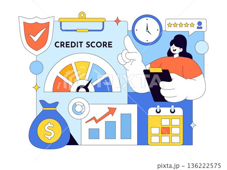 Credit Score Vector Illustration Featuring a Loan Arrow Gauge Speedometer Showing Ratings From Poor to Good on a Flat Style Background 136222575