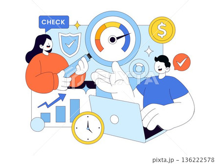 Credit Score Vector Illustration Featuring a Loan Arrow Gauge Speedometer Showing Ratings From Poor to Good on a Flat Style Background 136222578