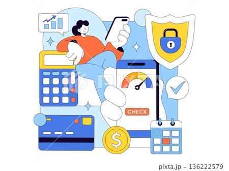 Credit Score Vector Illustration Featuring a Loan Arrow Gauge Speedometer Showing Ratings From Poor to Good on a Flat Style Background 136222579