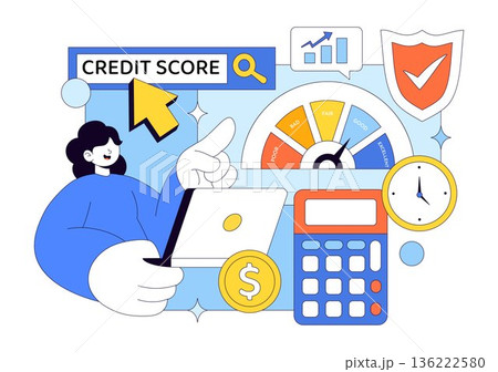 Credit Score Vector Illustration Featuring a Loan Arrow Gauge Speedometer Showing Ratings From Poor to Good on a Flat Style Background 136222580