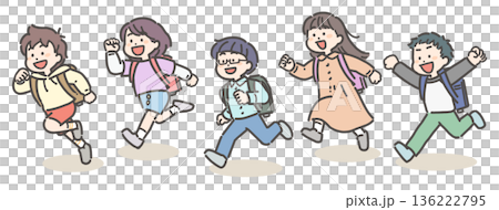 ランドセルを背負って走る、小学生の男の子と女の子のグループ ランドセルを背負って走る、小学生の男の子と女の子のグループ 136222795