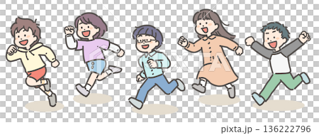 走る小学生の男の子と女の子のグループ 走る小学生の男の子と女の子のグループ 136222796