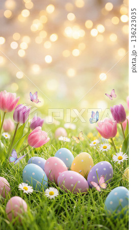 Vibrant Easter Eggs and Tulips in a Spring Meadow with Bokeh Lights 136223035